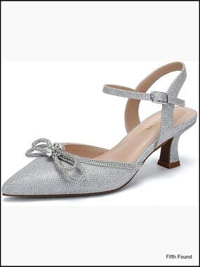 Wide Width Kitten Heels Rhinestone Bow Pointed Closed Toe Pumps Ankle Strap